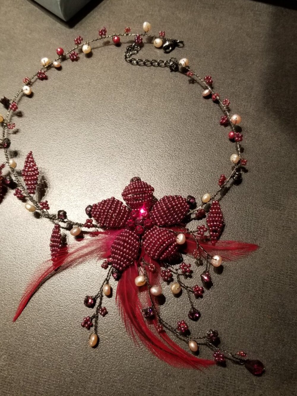 Unique necklace – Pearl flower and feathers – a poetic and feminine creation